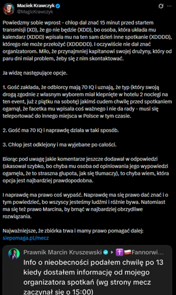 Maciek Krawczyk nt. NIEOBECNOŚCI Prawa Marcina na meczu charytatywnym Ekipy Fantasy!
